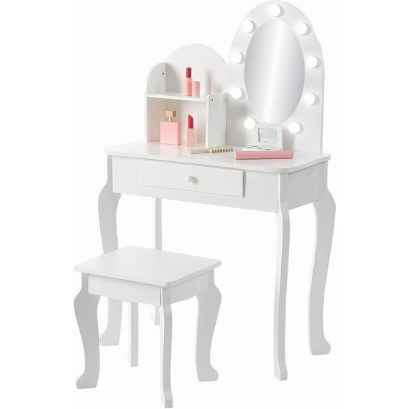 Zzistar Kids Vanity Set with Touch Lighted Mirror, Pretend Play Girls Vanity Table and Chair Set with Mirror, Stool, and Wood Makeup Playset