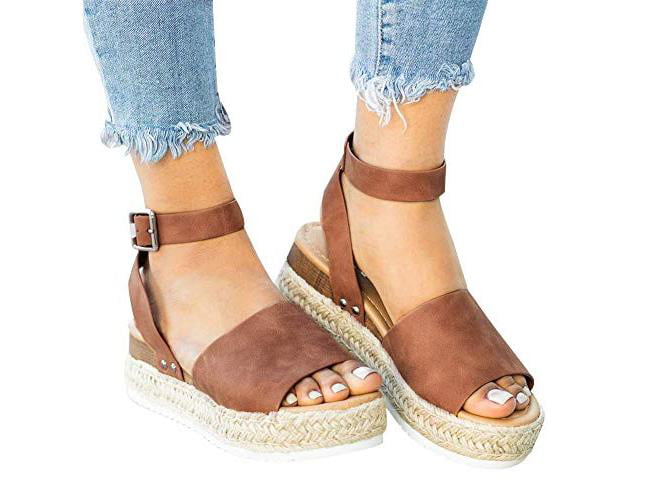 Ecolley Womens Flat Wedge Ankle Buckle Sandals with Strap Fashion Summer Beach Sandals Open Toe Espadrille Platform 