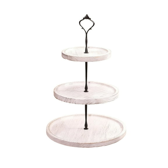 Decorative Tray Wood Cupcake Stand Three Tiered Tray Stand, Rustic Round Farmhouse Style Decoration, Holiday Party Supplies (White)