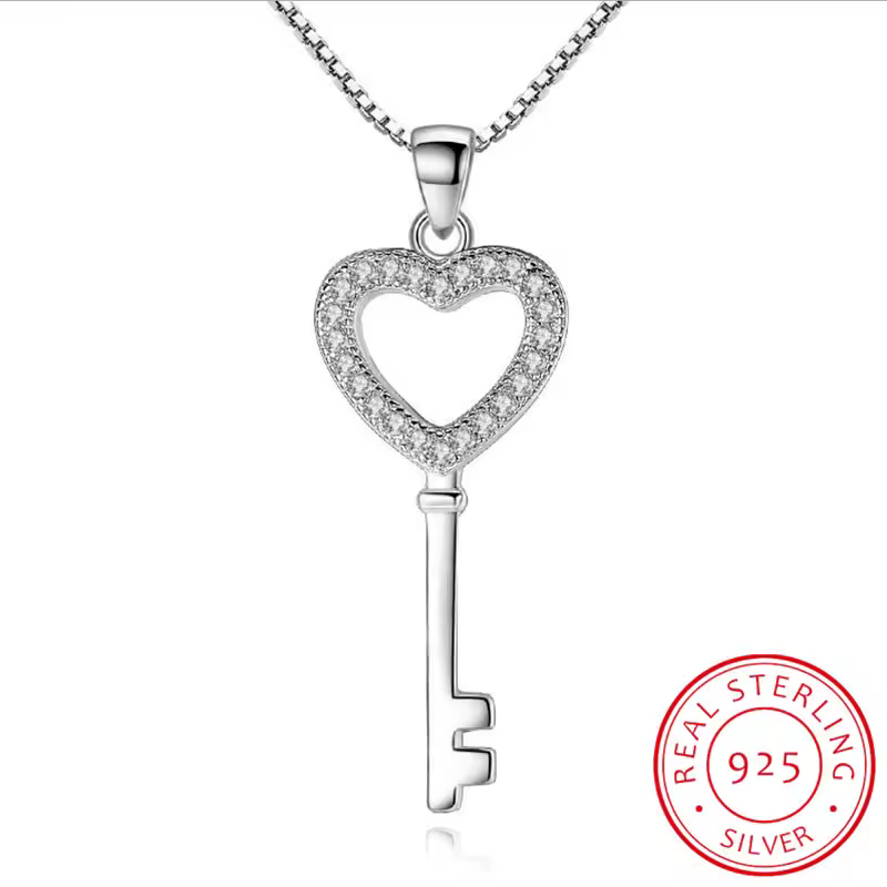 Heart Key, variant on MIADEAL Keys to the Kingdom Necklaces in Gift Box, Cubic Zirconia, 925 Sterling Silver