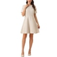 thumbnail image 1 of Vestido skater elegante de tweed con cuello redondo y mangas cortas para mujer M amarillo, 1 of 6