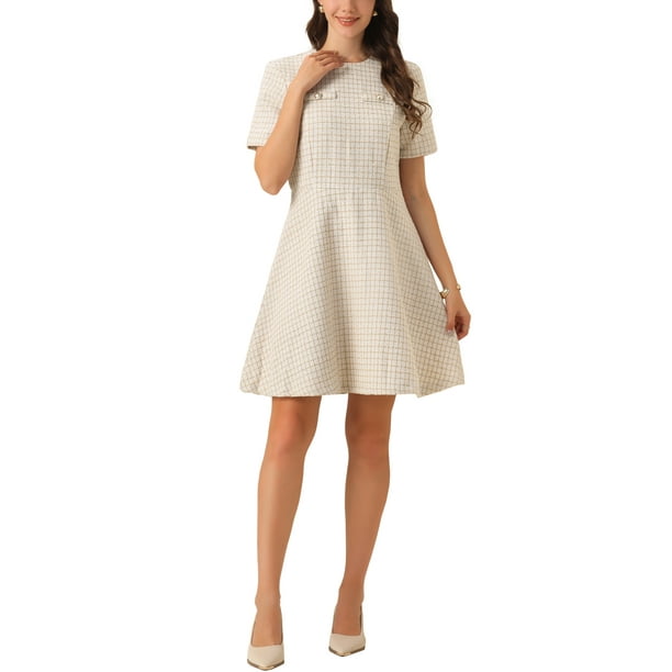 Vestido skater elegante de tweed con cuello redondo y mangas cortas para mujer XL amarillo