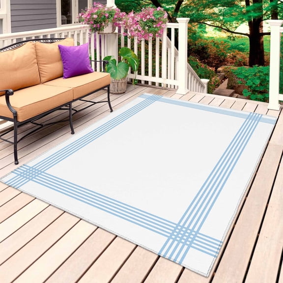 Blue Striped Outdoor Rug for Patio/Deck/Porch, Non-Slip Large Area Rug 5 x 8 Ft, Geometric Minimalist Watercolor White Indoor Outdoor Rugs Washable Area Rugs, Reversible Camping Rug Carpet Runner
