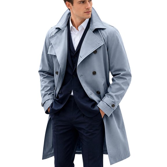 Mens Trench Coat Double Windbreaker Overcoat Notched Lapel Long Jacket Overcoat Fall Winter Business Long Jacket Light Blue XL