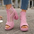 thumbnail image 2 of Rokment Mesh Dressy Boots Platform High Heels Sandals for Women Ladies Sexy See Through Peep Toe Chunky Block Heeled Dress Shoes Spring Summer Fall Pink Size 7, 2 of 7
