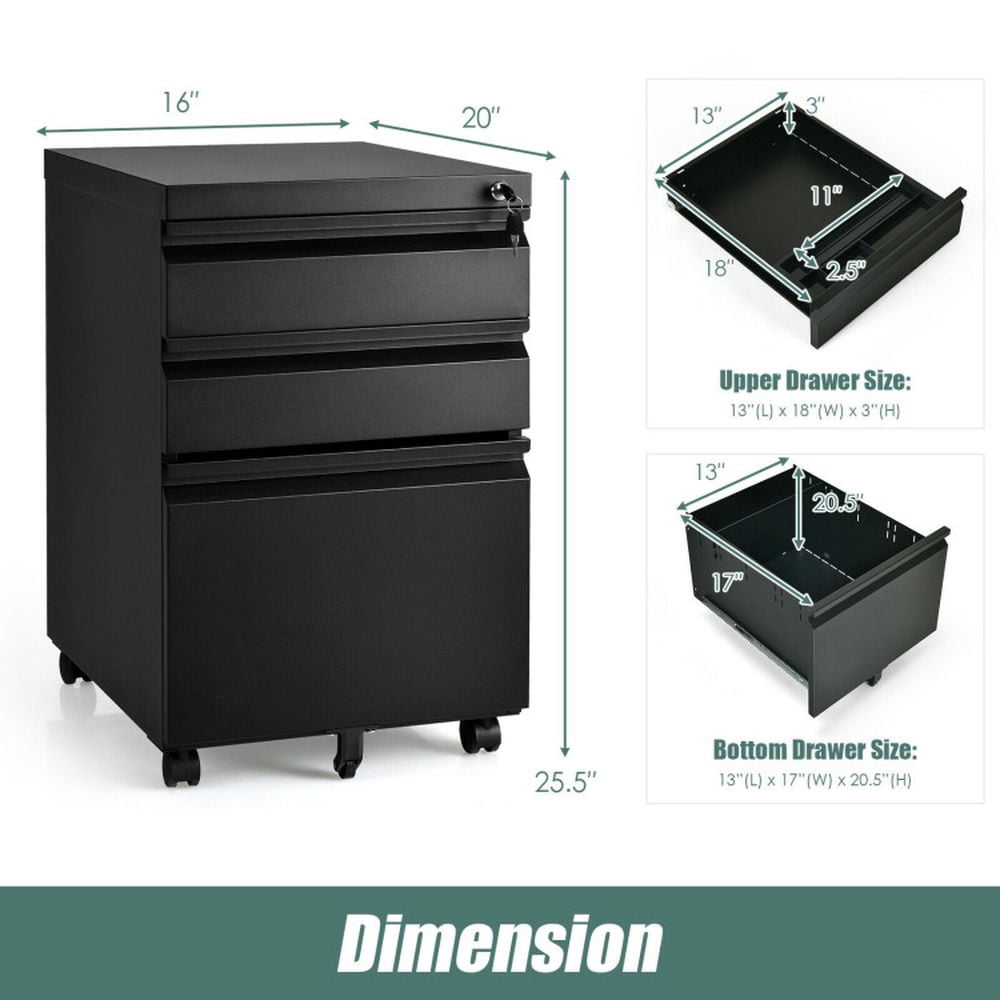 Demi Bonn 3-Drawer Mobile File Cabinet with Lock, Stee Filing Cabinet for Home Office, Black