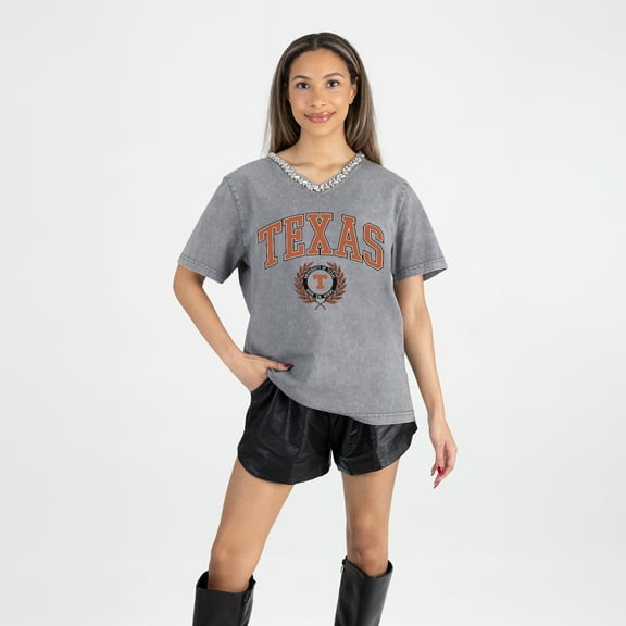 Women's Gameday Couture Gray Texas Longhorns Iconic Edge Rhinestone V-Neck T-Shirt