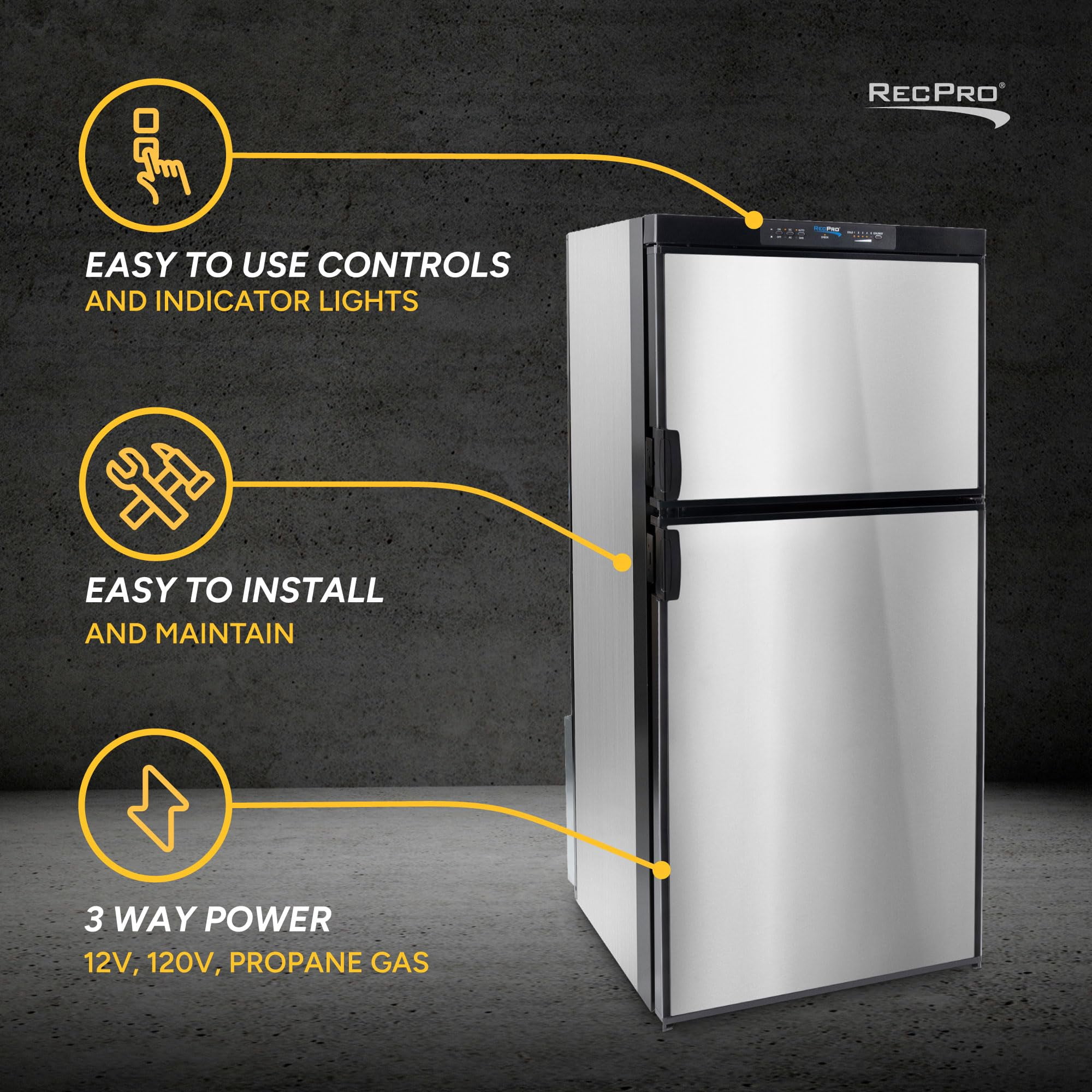 RecPro RV Refrigerator 6.3 Cubic Feet Gas and Electric | 110V / 12V / Propane Gas | Stainless Finish