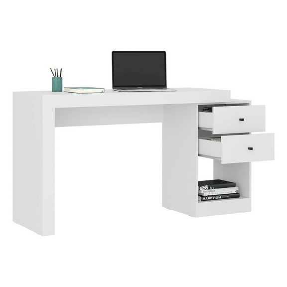 FurniFact White Desk with Storage, Office Desk with 2 Drawers, 1 Shelf, Expandable Top