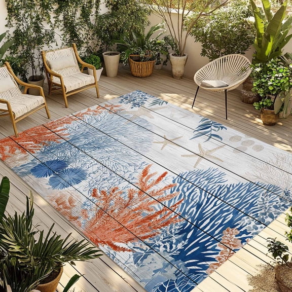 Orange Navy Blue Coral Outdoor Rug for Patio/Deck/Porch, Non-Slip Large Area Rug 4 x 6 Ft, Summer Beach Coastal Ocean Wooden Indoor Outdoor Rugs Washable Area Rugs, Camping Rug Carpet Runner