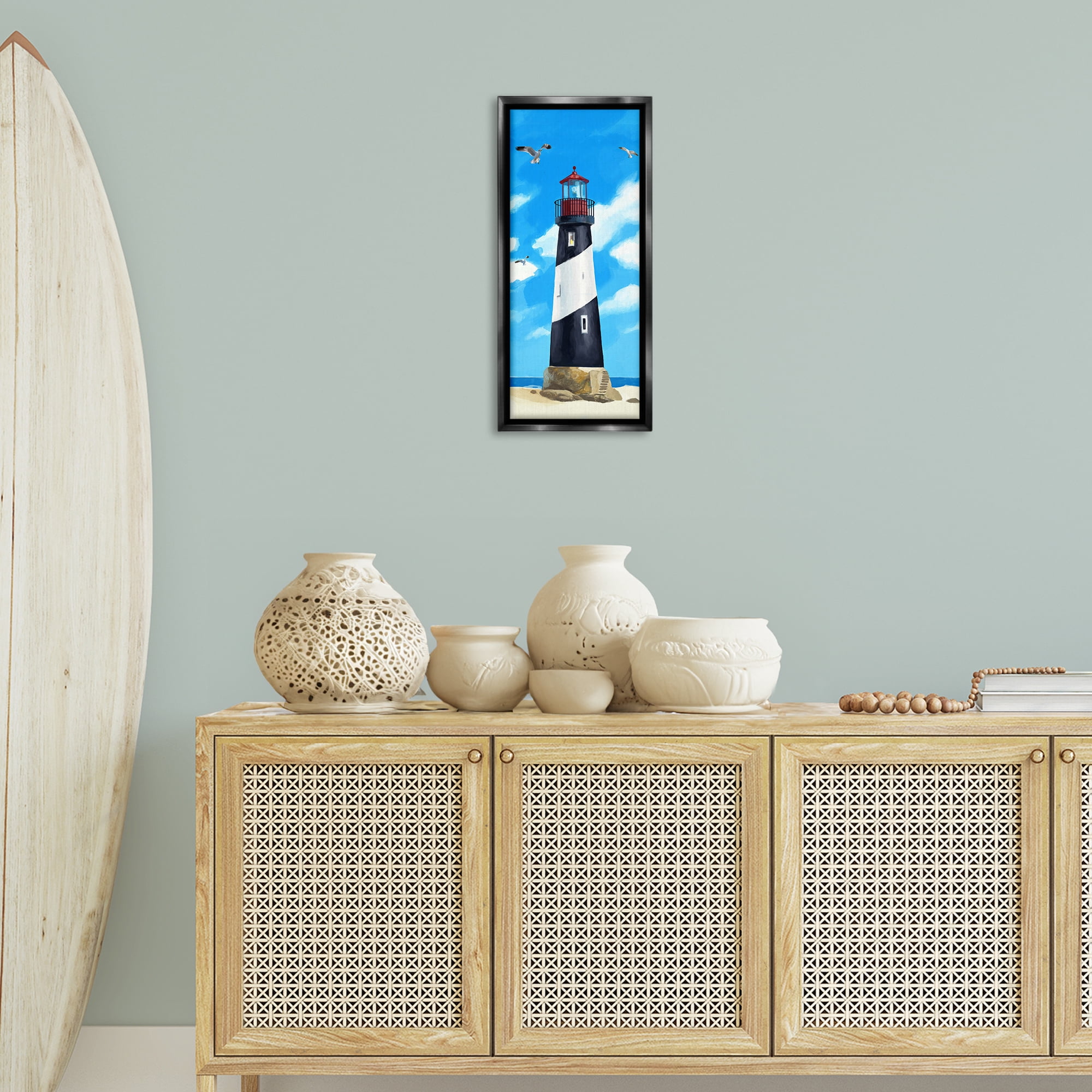 Stupell Industries Lighthouse on Beach Coastal Painting Black Floater Framed Canvas Art Print Wall Art, 11 x 25