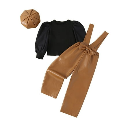 

Jdefeg Baby Twins Clothes Kids Toddler Child Baby Girls Long Bubble Sleeve Solid Tops Blouse Bowknot Pu Leather Overalls Suspender Pants with Hat Outfits 3Pcs Set Year Leather Brown 110