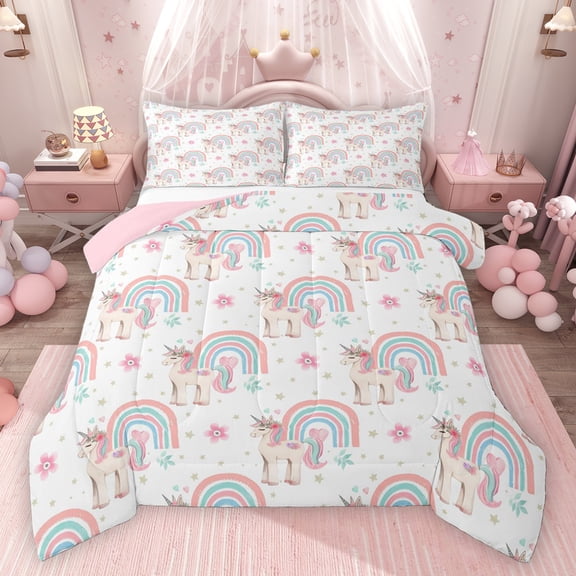 Homewish Cartoon Unicorn Bedding Comforter Set 2pcs for Preppy Child,Kawaii Rainbow Twin Comforter Sets Microfiber,Chic Floral Flowers Breathable Bedding Set,Breathable Home Decor,Reversible