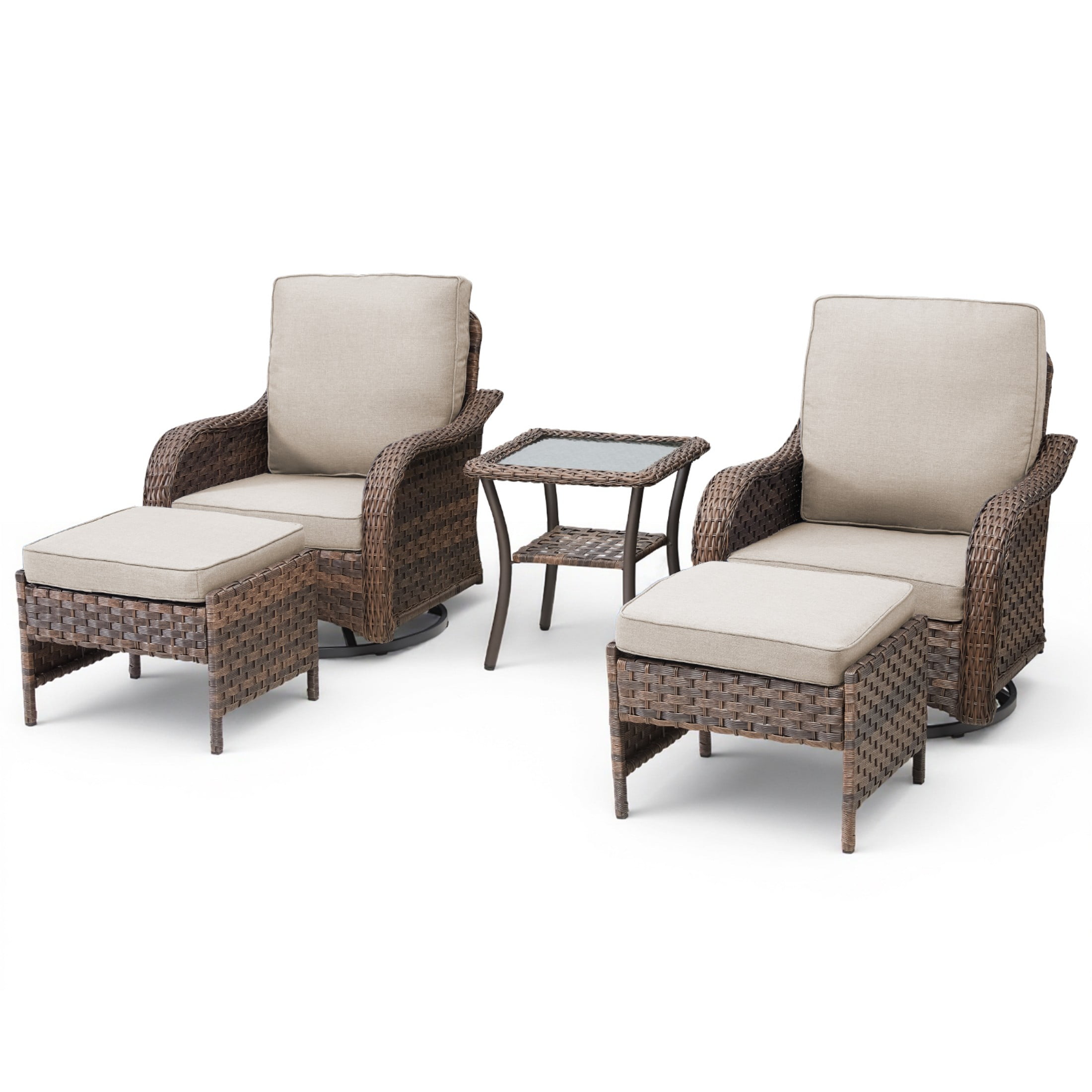 Unnifurnzi 5 Pieces Patio Furniture Set-Outdoor Swivel Rocker Patio Chairs with Outdoor Ottoman Wicker Patio Furniture for Porch Balcony Deck-Brown/Beige