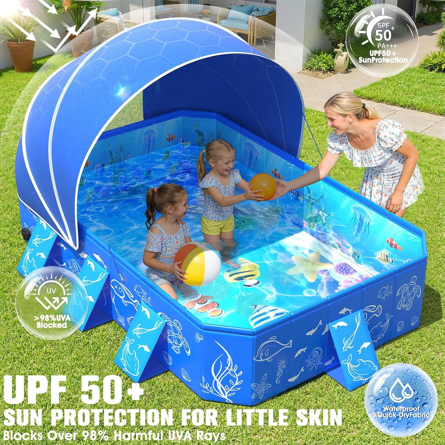 2026 Kiddie Pool with Canopy,Baby Swimming Pool for Toddler,Non-Inflatable Portable Pool for Kids,Foldable Toddler Pool with Shade,Kiddie Pool for Backyard,Pop Up Baby Beach Pool 53''×40×33''