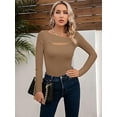 thumbnail image 3 of Ladybranch Womens Fashion Fall Clothes One Piece Cutout Tops Long Sleeve Ribbed Slim Fitted Shirts Pullover Tee Tshirts(Small，Khaki）, 3 of 9