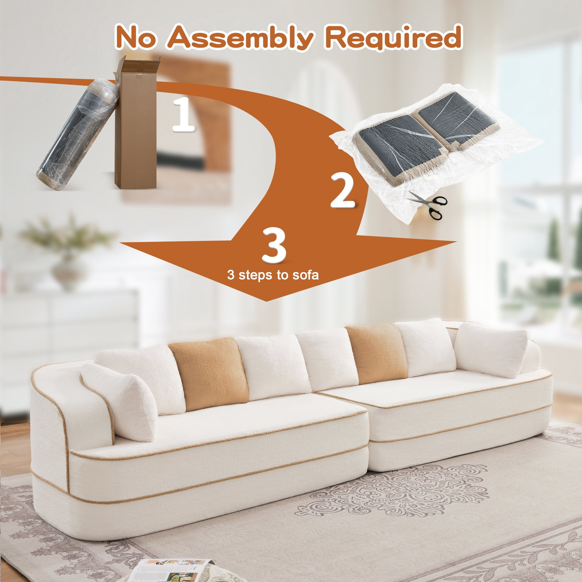 106" Teddy Fabric No Assembly 32D Boneless Sofa, Comfy Couch with L-Shaped Chaise for Living Room, White