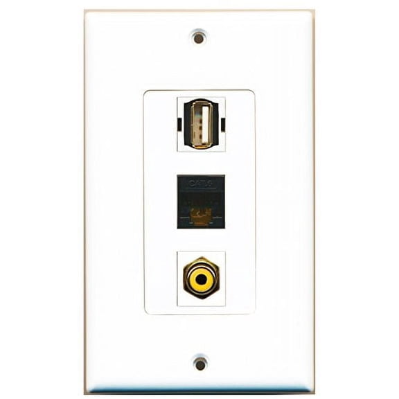RiteAV - 1 Port RCA Yellow and 1 Port USB A-A and 1 Port Cat6 Ethernet Black Decorative Wall Plate Decorative