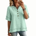 thumbnail image 6 of Womens Fringe Boho Tops Casual Cotton Linen Distressed V Neck Shirts Short Sleeve Gauze Blouses Raw Edge Hem Mint Green S, 6 of 7