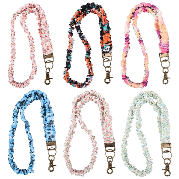 Rzvnmko 6 Pcs Stretchy Scrunchie Lanyards with 8 ID Holder for ID Badges and Keys, Cute Neck Scrunchie Lanyard for Teacher Appreciation Gifts Nurses School Classroom(Colorful,Floral Style)