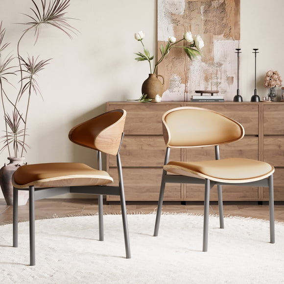 NessCarsti Modern Faux Leather Dining Chairs, Set of 2, Mid Century, Black Metal Legs, Khaki/Walnut