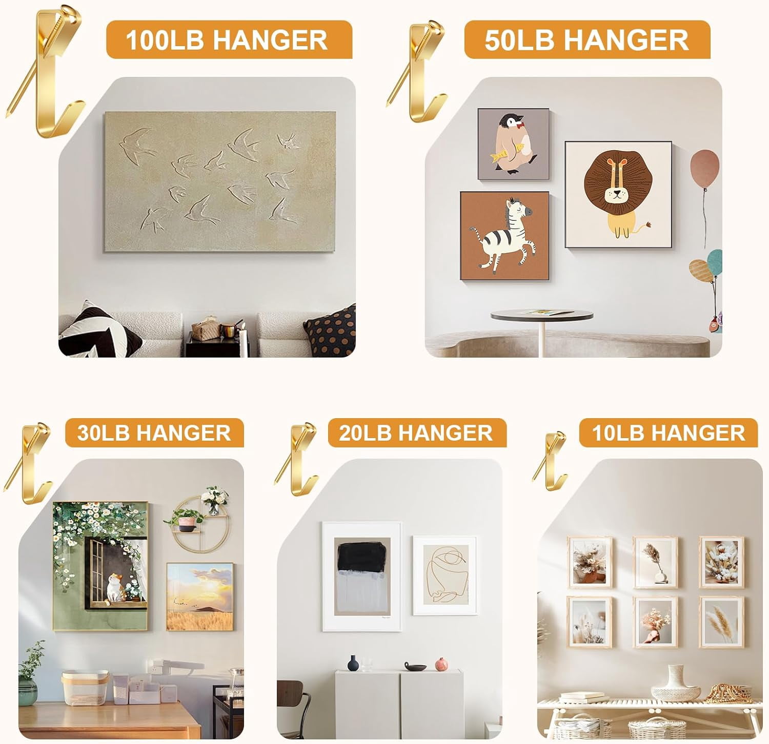 Picture Hanging Kit, Hangers Including Various Weight Capacities, Hooks with Nails for Drywall and Wooden Wall