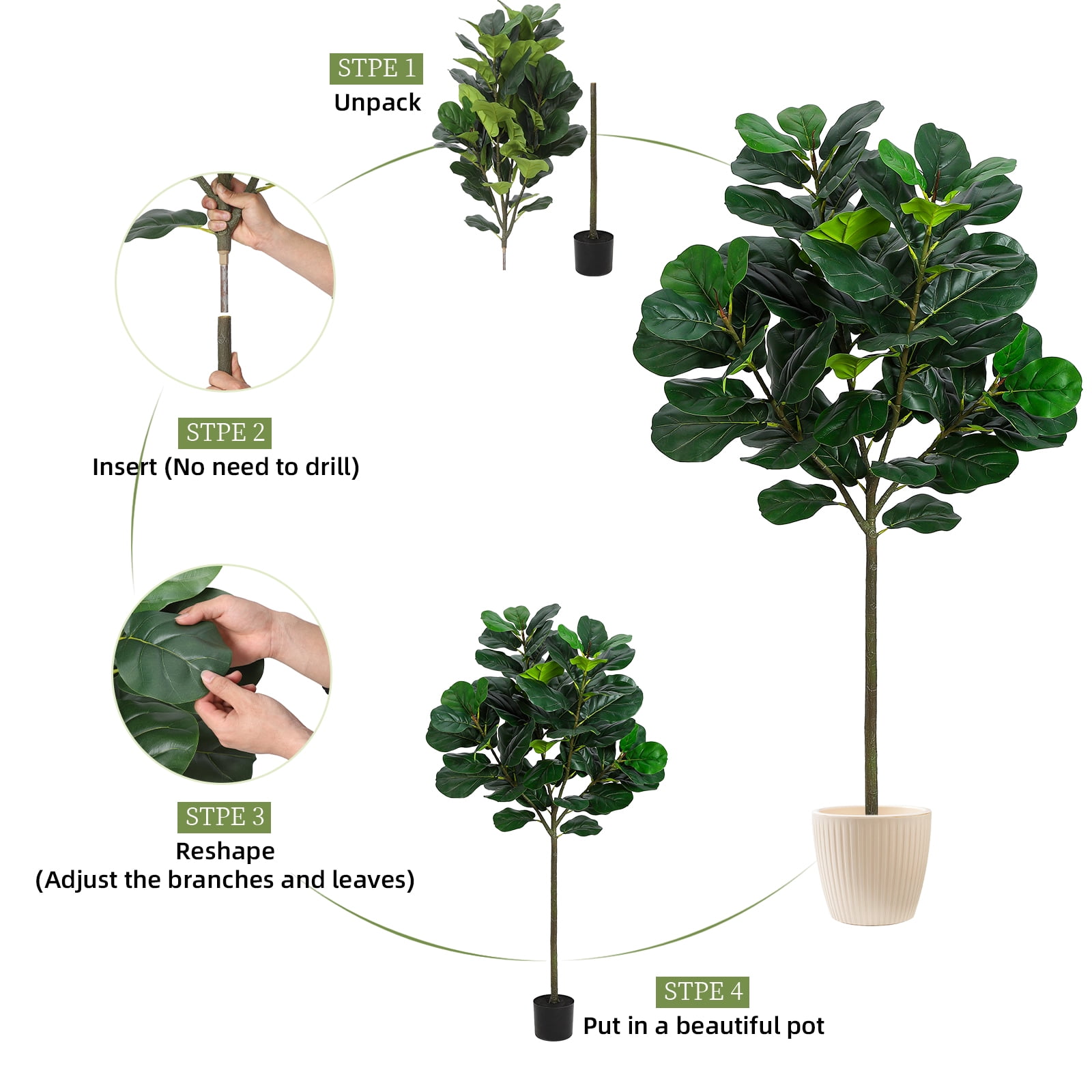 Ataucjin 5.2 Ft Artificial Fiddle Leafs Fig Tree Tall Fake Plants Decorative Faux Ficus Lyrata Plant Large Floor Plant With Pot Artificial Tree For Home Office Living Room Bathroom Corner Decor Indoor