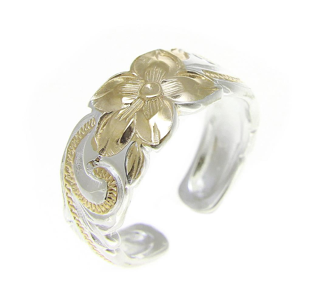 Arthurs Jewelry 925 Sterling Silver Rhodium Plated Yellow Gold Plated Hawaiian Plumeria cz Scroll Cut Out Edge Toe Ring