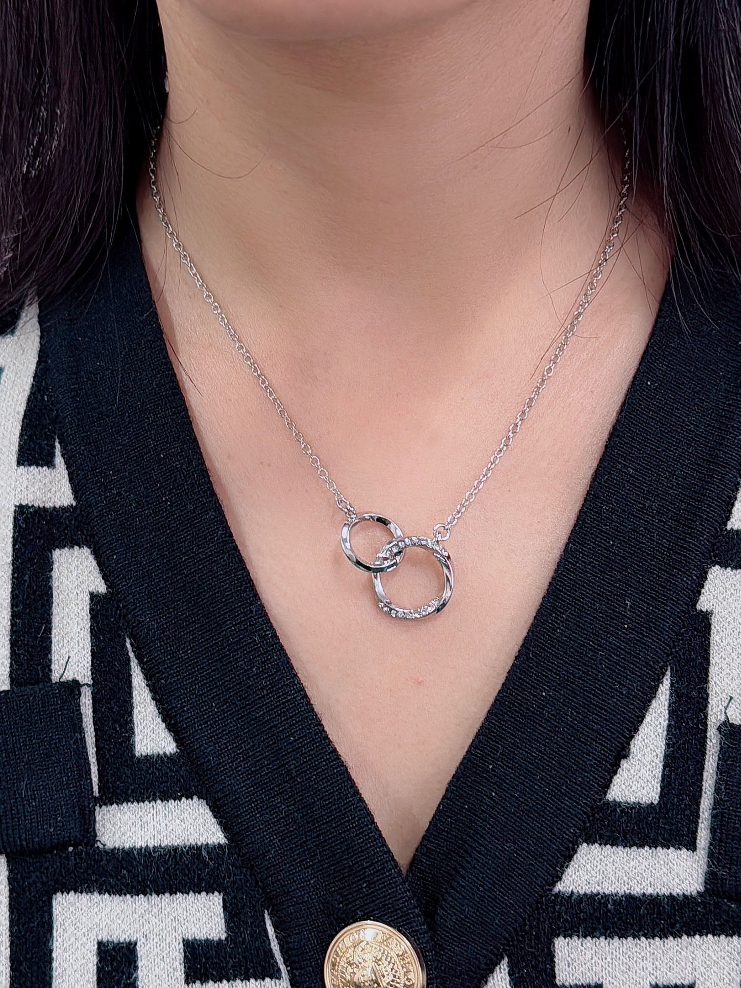 Time and Tru Interlocking Circles with Stones Earrings and Necklace 2 Piece Set Rhodium Silver for Female Adults and Teens