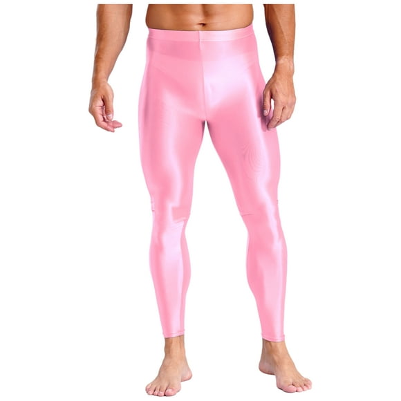 RUNQHUI Mens Shiny Stretch Leggings Pure Color Oil Gym Workout Running Shinny Pants Clubwear Pink M