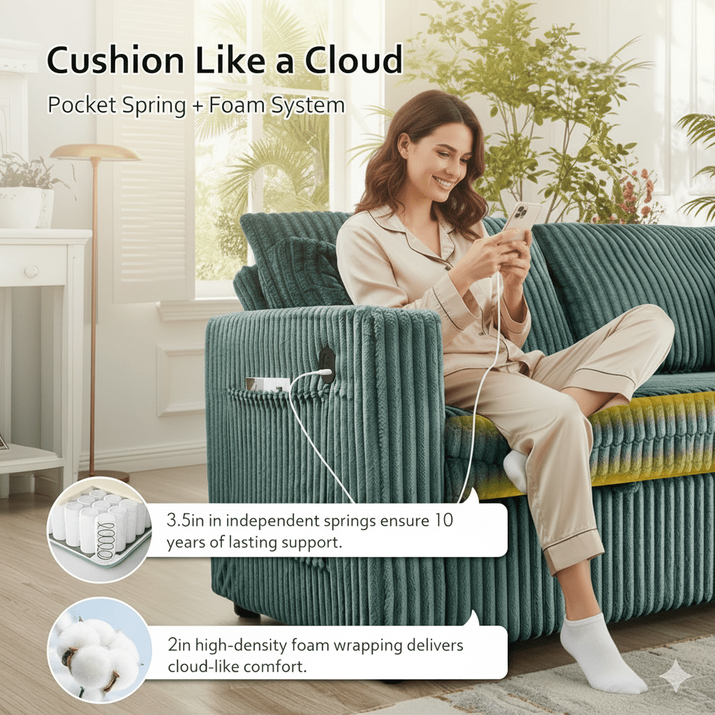 65in Sleeper Sofa Bed, 3 in 1 Convertible Pull Out Couch with Small Table, USB Ports, Cup Holders & 5-Level Adjustable Backrest, Corduroy Loveseat Sofa for Apartment, Bedroom, Living Room (Green)