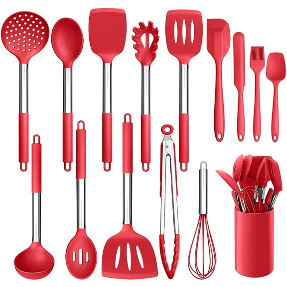 15pcs Silicone Cooking Utensil Set,Non-stick Heat Resistant Stainless Steel Handle,Red