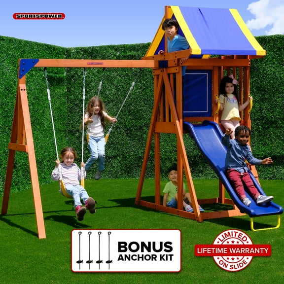 Sportspower™ Asher Wooden Swing Set with 2 Belt Swings, Rock Climber, Roofed Play Fort, Heavy Duty Double A-Frame, Lifetime Warranty on 6' Slide & Bonus Anchor Kit, Great for Kids 3-8