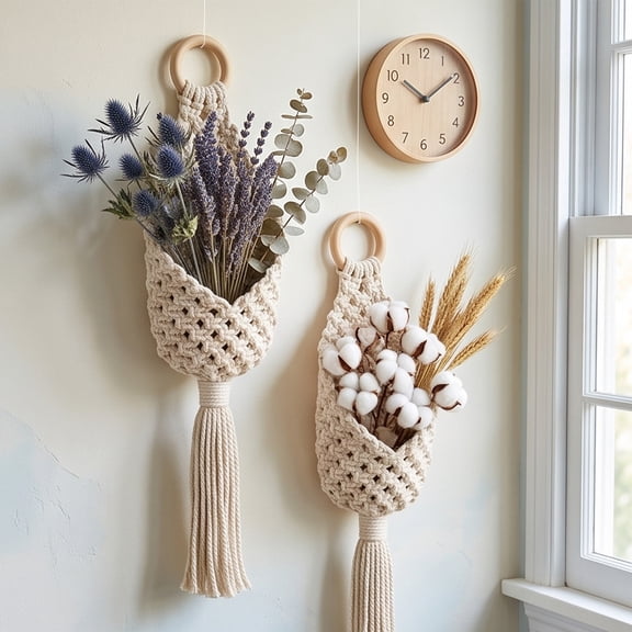 Hand Woven Wall Hanging Basket with Wooden and Tassel, Boho Storage Pocket for Plants, Dried Flowers and Sundries, Beige