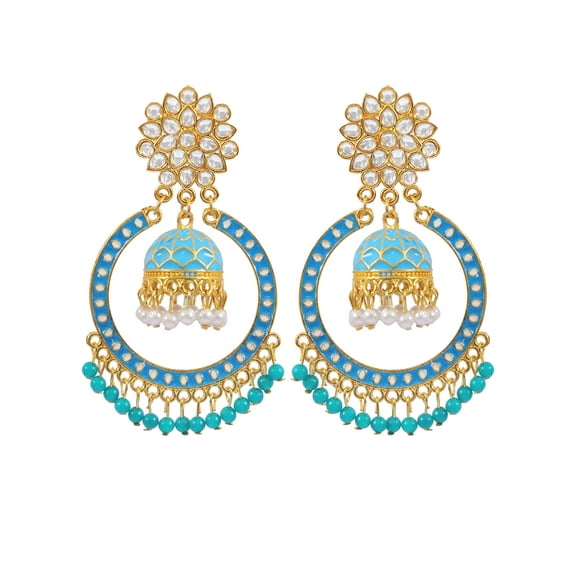 Crunchy Fashion Bollywood Jewellery Traditional Ethnic Bridal Bride Wedding Bridesmaid Gold-Plated Kundan Dangler blue Color ChandBali Jhumka Earrings