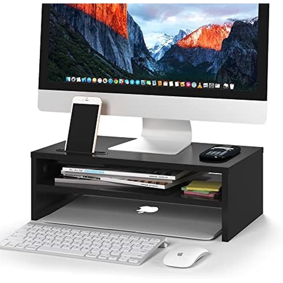 Wooden Monitor Stand Riser, 2-Tier Desk Shelf with Storage Organizer, Ergonomic Computer Stand with Cable Management, Cellphone Holder, Black, 16.5 Inch
