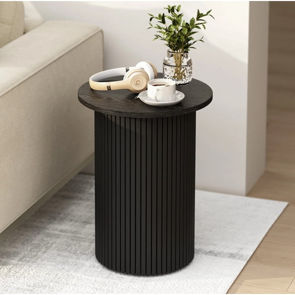 PieDle 17.5'' Wood Round Side Table, Fluted Wood Nightstand Bedside Sofa Table for Living Room Bedroom, Black