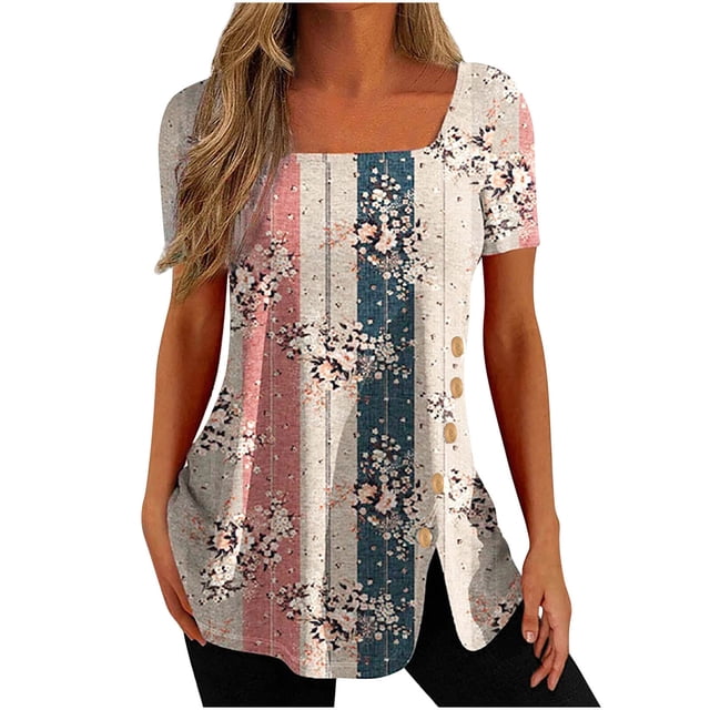 DPTALR Woman Causal Printing Blouse Short Sleeve T-Shirt Summer Button Tops