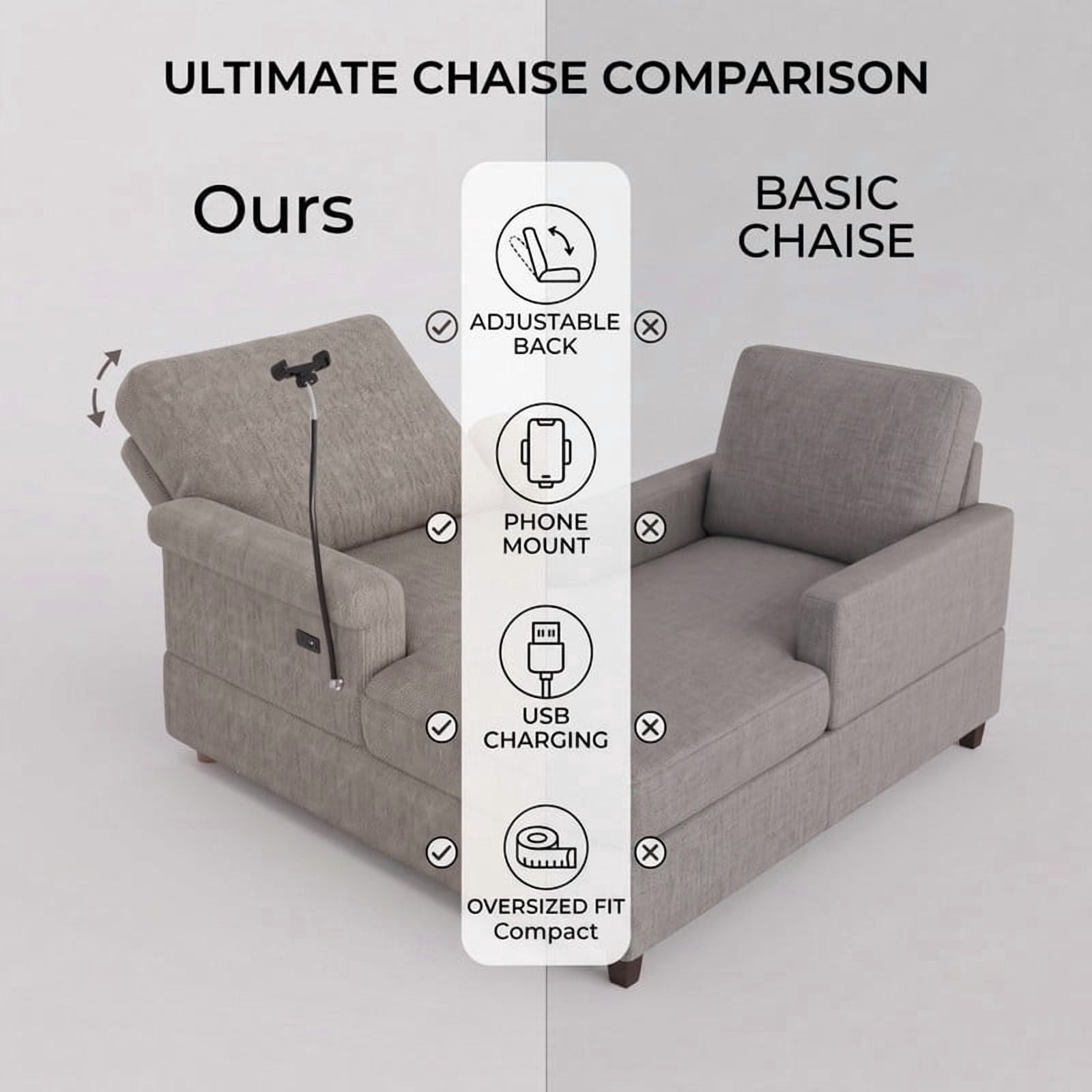 Gewnee Oversized Chaise Lounge Chair Indoor, Upholstered Sofa Bed with Phone Holder&USB Ports, Deep Seat Sofa Single Sleeper for Living Room (Little Brown)