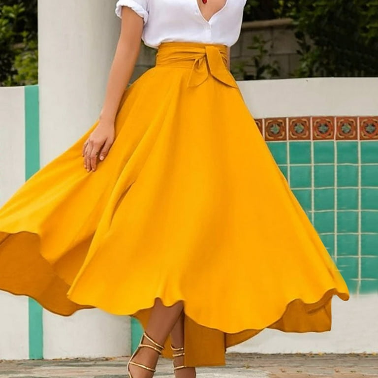 Lopecy-Sta Women's Fashion Spring Summer Casual Solid Color Long Skirts  Skirts for Women Sales Clearance Skirts for Women Trendy Yellow