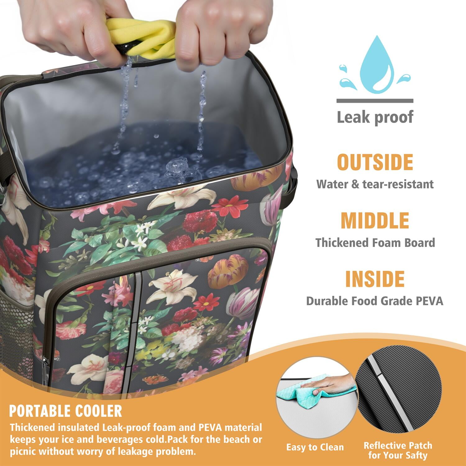 Travel Cooler Bag - Pioneer Flower Floral Print Pattern Camping Beer Cooler Backpack with Bottle Opener- Waterproof Insulated Picnic Backpacks - Cooler Bag for Beach