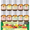 Fruity Fruits Good Essential Fragrance Oil Set (PACK OF 10) 5ml Set Includes Strawberry, Apple, Watermelon, Pineapple, Cucumber Melon, Red Cherry, Mango, Peppermint, Lemon, and Orange