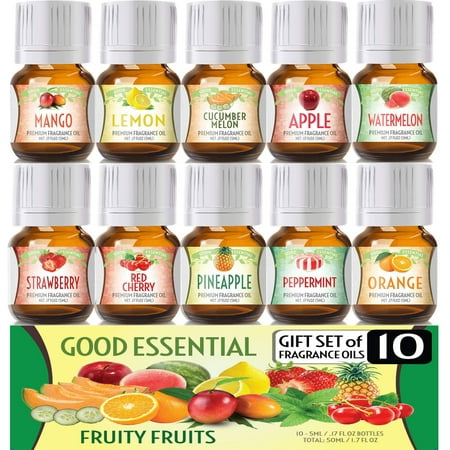 Fruity Fruits Good Essential Fragrance Oil Set (PACK OF 10) 5ml Set Includes Strawberry, Apple, Watermelon, Pineapple, Cucumber Melon, Red Cherry, Mango, Peppermint, Lemon, and Orange