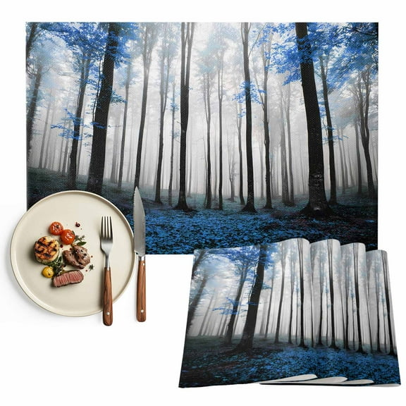 Thanksgiving Fall Placemats Set of 8 Retro Blue Maple Leaf Forest Heat Insulated Linen Place Mats, Washable Stain-Proof Table Mats for Dining Tables Holiday Decor 13x19inch