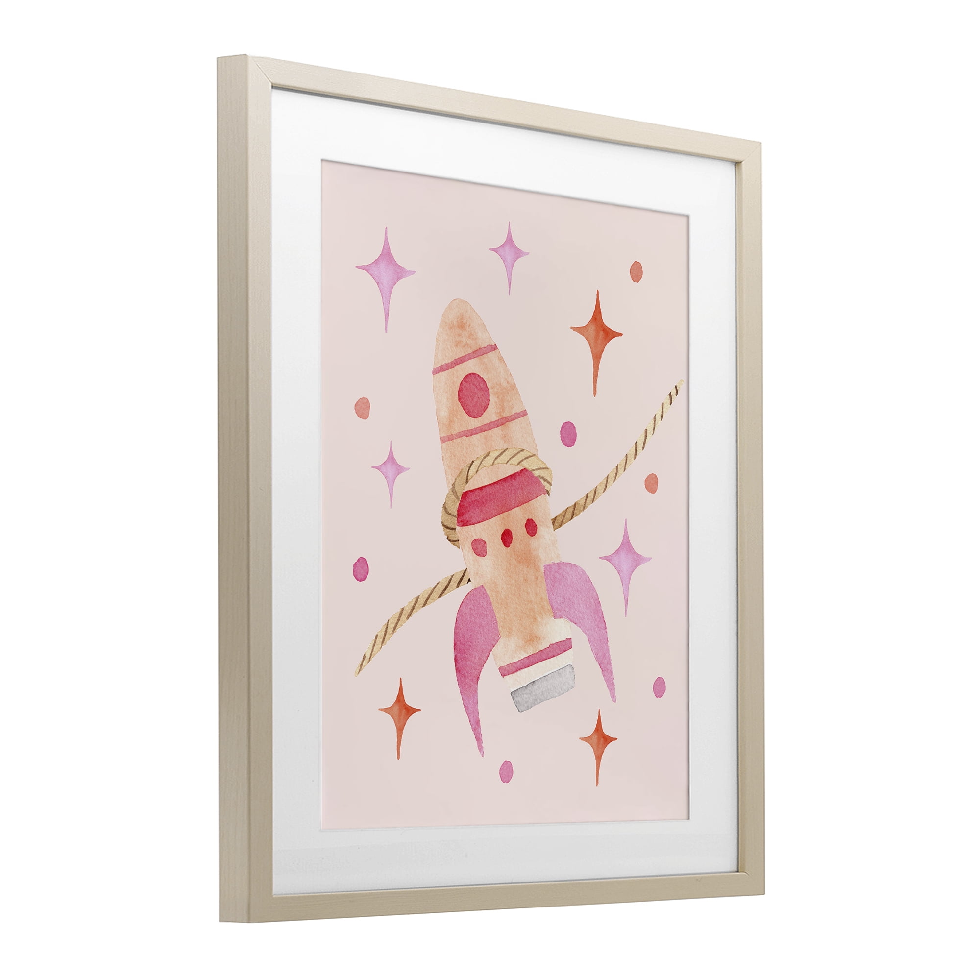 Lasso Rocket Ship Birch Framed Print Under Glass, design by Nina Jacobs