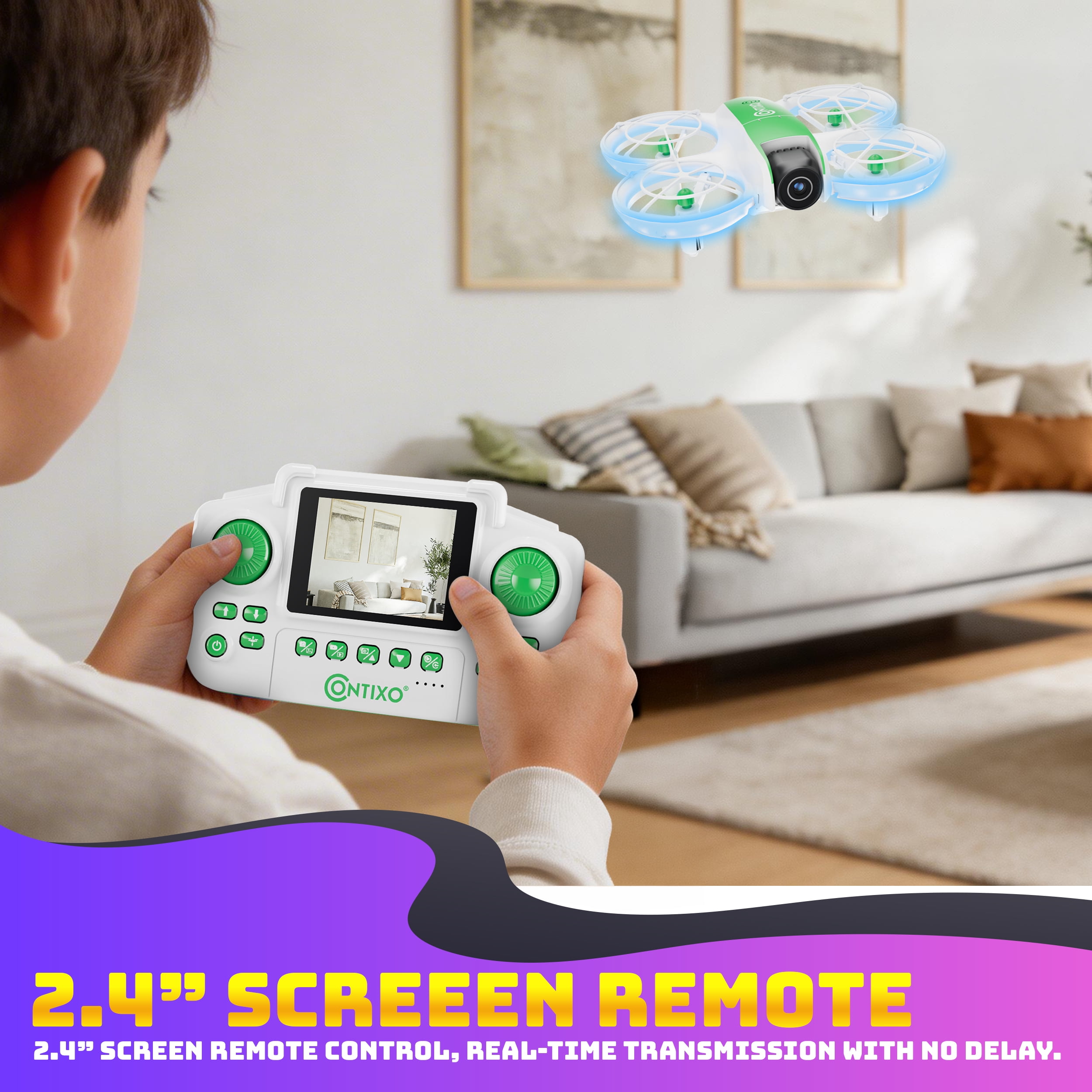 Contixo F15 Astro Mini Drone with 2.4" Screen Remote – Dual Camera, Live Video Display, Optical Flow Hover, One-Key Takeoff/Landing, 360° Stunts, 2 Batteries, Beginner Drone for Kids & Adults - Green
