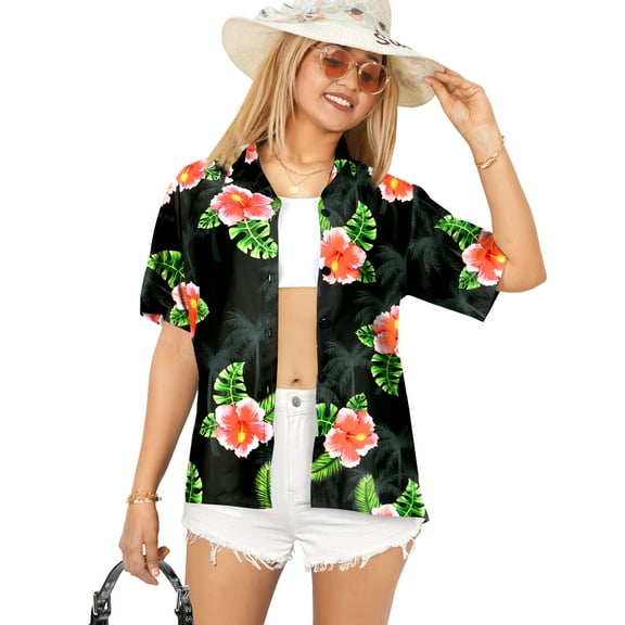 LA LEELA Button Down Shirt for Women Casual Summer Beach Party Short Sleeve Vacation Tops Blouse Shirt Hawaii Blouses Hawaiian Shirts for Women S Hibiscus, Black