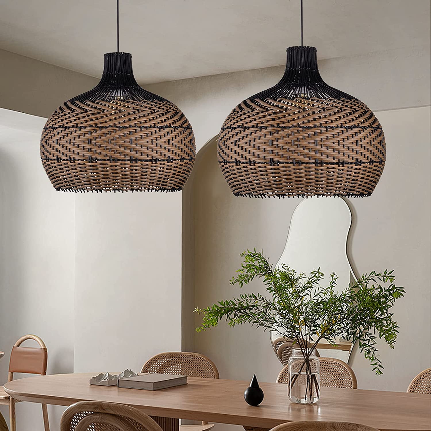 Arturesthome Rattan Pendant Light Fixtures for Kitchen Island, Wicker Chandelier, Handmade Woven Hanging Ceiling Lighting Lampshade Coffee