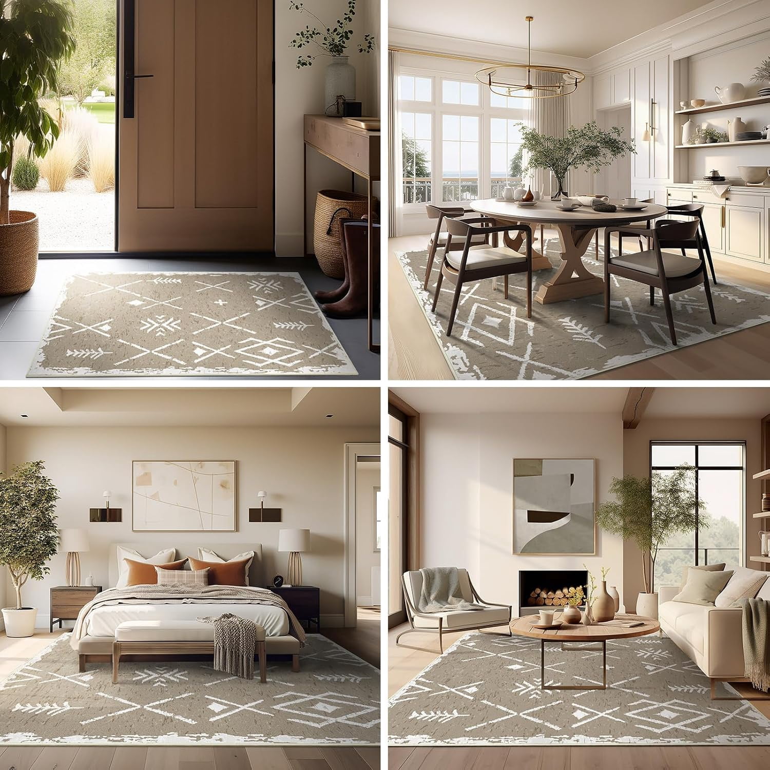 Phantoscope Earthy Moroccan Boho Rug — Low-Pile Living Room Rug, 6' x 9', Geometric Umber
