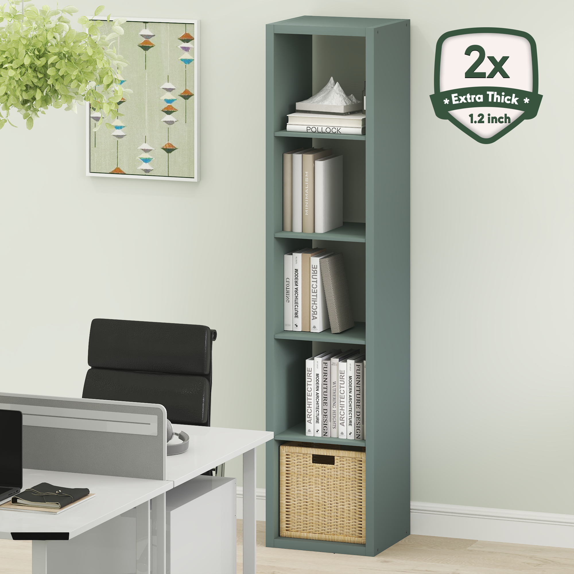 Furinno CUBICLE Book Shelf, 5-Cube Vertical Thick Frame Bookshelf, Horizontally & Vertically Reversible Bookcase with Open Back, 14.6 x 15.9 x 72, for Living Room, Bedroom, Home Office, Sage Green